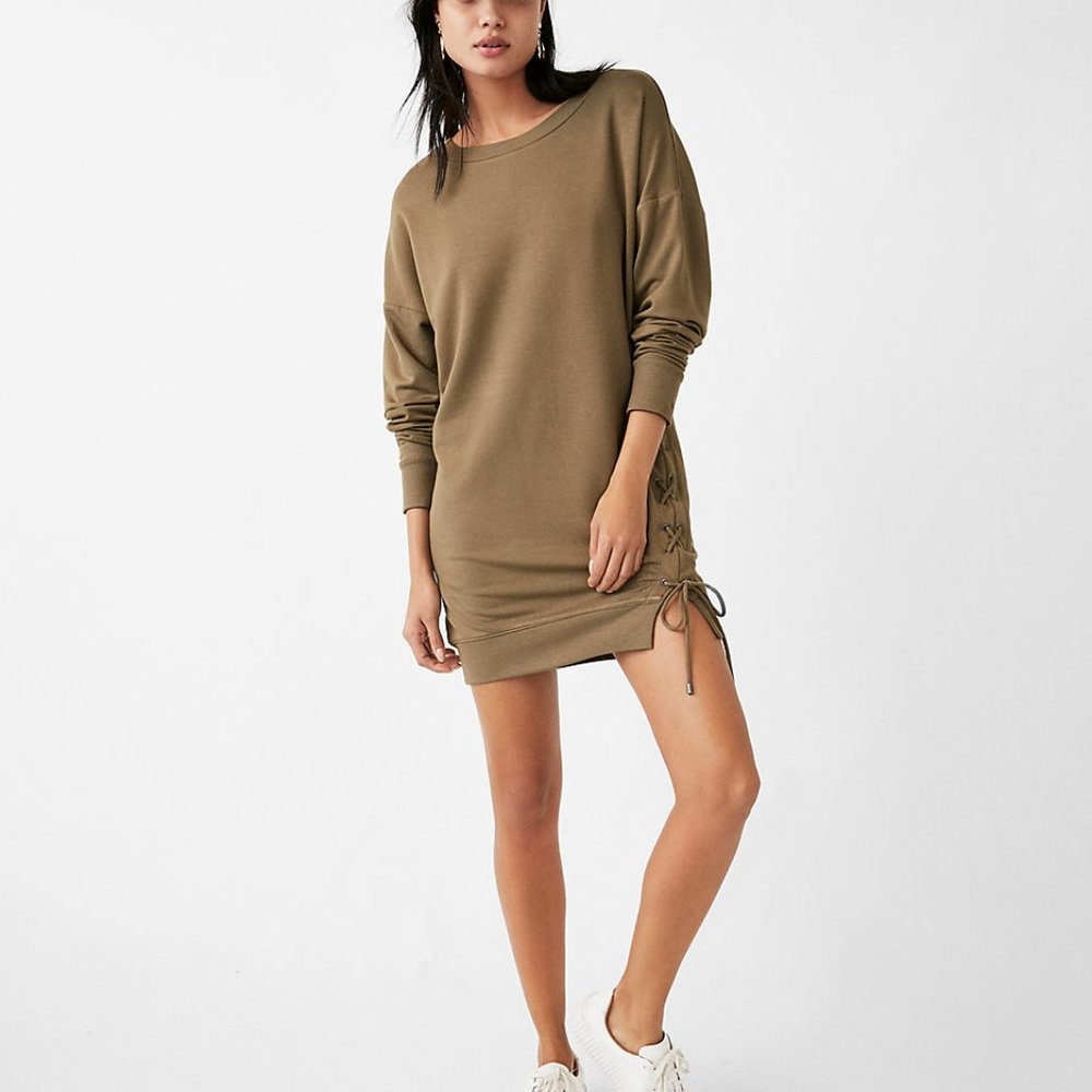 NWT Express one eleven lace-up sweatshirt dress Olive XS - Picture 2 of 6